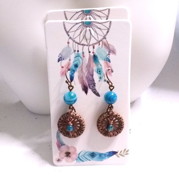 Hand Crafted! Rustic Copper Elements & Intense Blue Agate Beads! Dangle Earrings - Picture 3 of 9